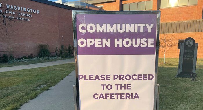 Community Open House sign outside of Washington High School.