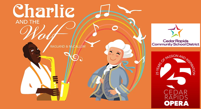 A graphic of Charlie and the Wolf, illustrations of Charlie Parker and Wolfgang Mozart.