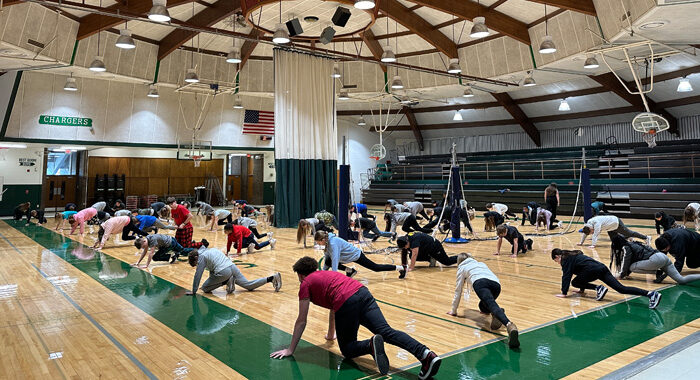 Students stretching in newly opened Harding gym.