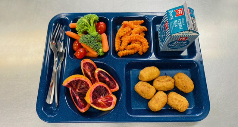 A lunch tray with chicken nuggets, milk, blood oranges, sweet potato fries, with fruits and vegetables.