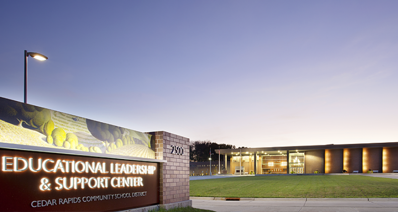 Educational Leadership and Support Center building at dusk